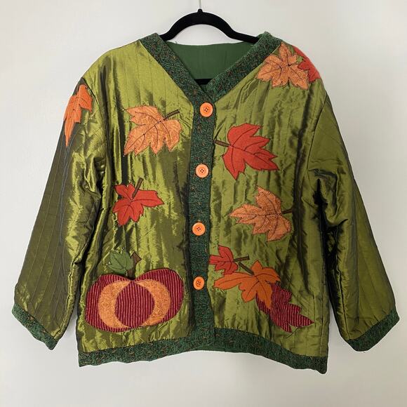 Vintage 90s Green Grannycore Fall Pumpkin Halloween Patchwork Jacket XXL - Picture 4 of 7